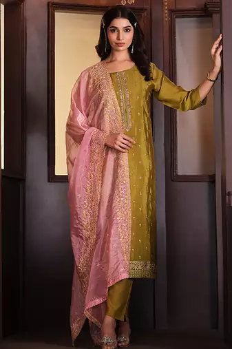 Mustard embroidered chinnon silk straight cut salwar kameez dubble dupatta