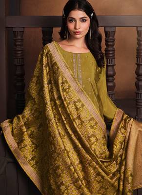 Mustard embroidered chinnon silk straight cut salwar kameez dubble dupatta 3