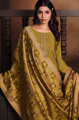 Mustard embroidered chinnon silk straight cut salwar kameez dubble dupatta