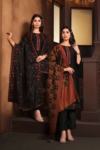 Black embroidered chinnon silk straight cut salwar kameez dubble dupatta
