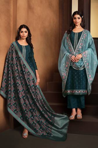 Petrol blue embroidered chinnon silk straight cut salwar kameez dubble dupatta
