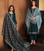 Petrol blue embroidered chinnon silk straight cut salwar kameez dubble dupatta