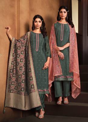 Sea green embroidered chinnon silk straight cut salwar kameez dubble dupatta 1