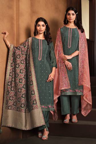 Sea green embroidered chinnon silk straight cut salwar kameez dubble dupatta