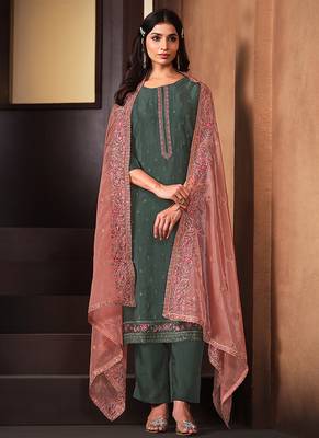 Sea green embroidered chinnon silk straight cut salwar kameez dubble dupatta 2