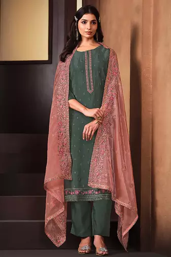 Sea green embroidered chinnon silk straight cut salwar kameez dubble dupatta