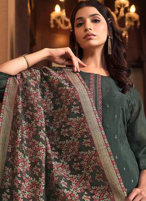 Sea green embroidered chinnon silk straight cut salwar kameez dubble dupatta 3