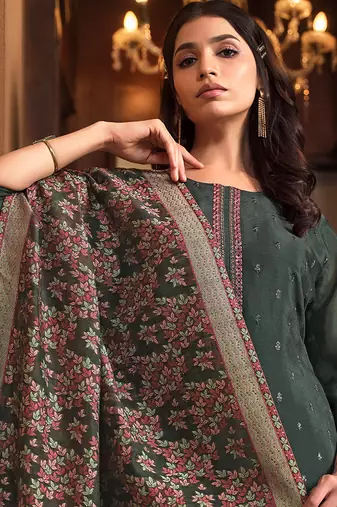Sea green embroidered chinnon silk straight cut salwar kameez dubble dupatta