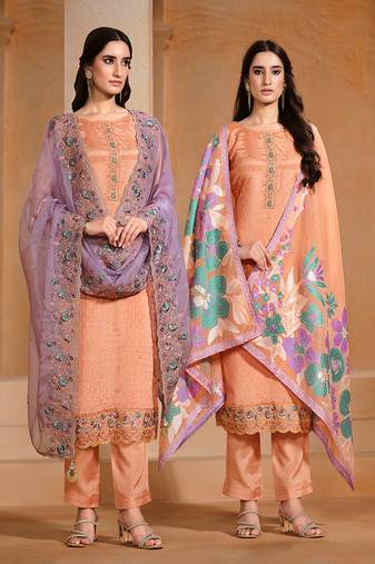 Peach embroidered & swarovski chiffon straight cut salwar kameez dubble dupatta