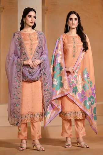 Peach embroidered & swarovski chiffon straight cut salwar kameez dubble dupatta