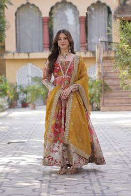 Red Russian Silk Designer Gown with Embroidered & Printed Detailing 1
