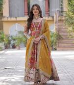 Red Russian Silk Designer Gown with Embroidered & Printed Detailing