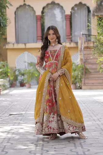 Red Russian Silk Designer Gown with Embroidered & Printed Detailing