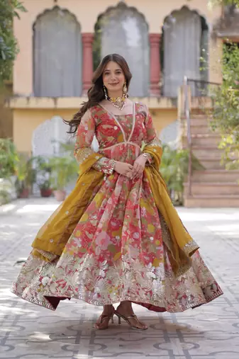 Red Russian Silk Designer Gown with Embroidered & Printed Detailing