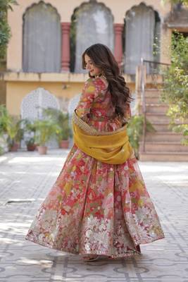 Red Russian Silk Designer Gown with Embroidered & Printed Detailing 4