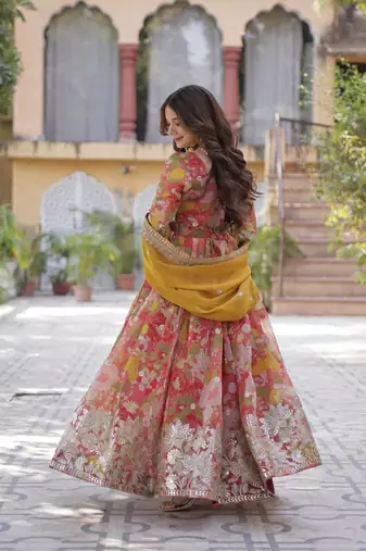 Red Russian Silk Designer Gown with Embroidered & Printed Detailing