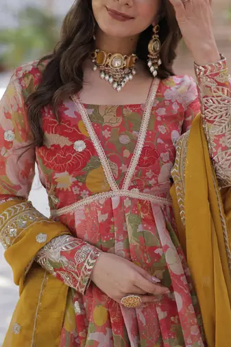 Red Russian Silk Designer Gown with Embroidered & Printed Detailing