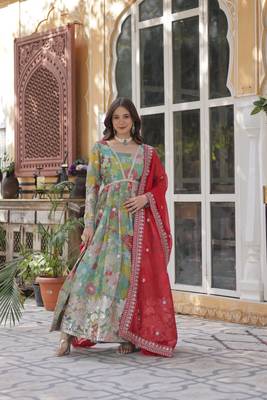 Sky Blue Russian Silk Designer Gown with Rich Embroidered & Printed Detailing 1