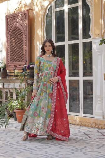 Sky Blue Russian Silk Designer Gown with Rich Embroidered & Printed Detailing