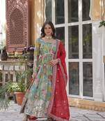 Sky Blue Russian Silk Designer Gown with Rich Embroidered & Printed Detailing