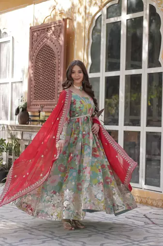 Sky Blue Russian Silk Designer Gown with Rich Embroidered & Printed Detailing