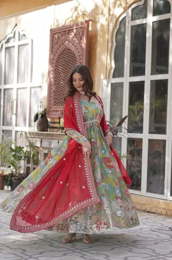 Sky Blue Russian Silk Designer Gown with Rich Embroidered & Printed Detailing