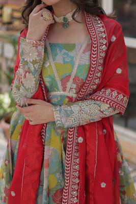 Sky Blue Russian Silk Designer Gown with Rich Embroidered & Printed Detailing 4