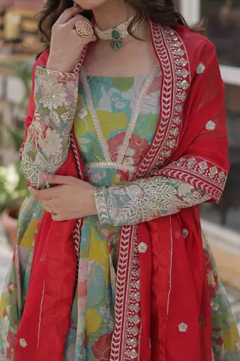Sky Blue Russian Silk Designer Gown with Rich Embroidered & Printed Detailing