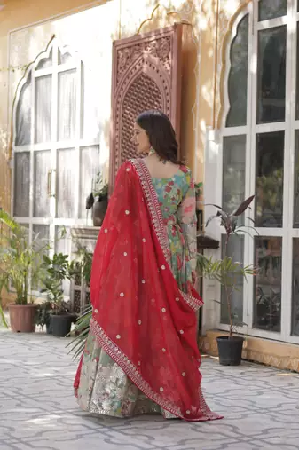 Sky Blue Russian Silk Designer Gown with Rich Embroidered & Printed Detailing