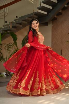 Red Faux Blooming Designer Gown with Heavy Embroidery, Zari   Sequins Work 1
