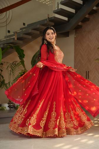 Red Faux Blooming Designer Gown with Heavy Embroidery, Zari   Sequins Work