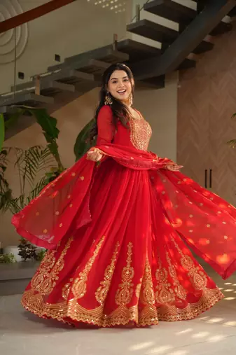 Red Faux Blooming Designer Gown with Heavy Embroidery, Zari   Sequins Work