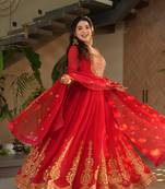 Red Faux Blooming Designer Gown with Heavy Embroidery, Zari   Sequins Work