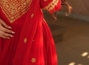 Red Faux Blooming Designer Gown with Heavy Embroidery, Zari   Sequins Work 3