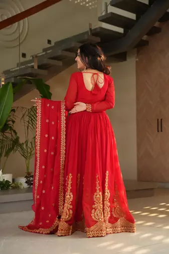 Red Faux Blooming Designer Gown with Heavy Embroidery, Zari   Sequins Work
