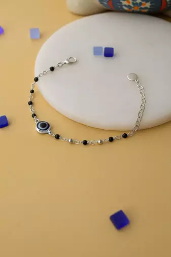 Rhodium-plated evil eye black beads nazariya bracelet