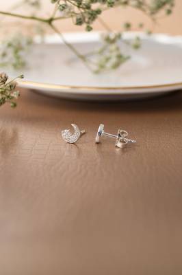 Rhodium-plated star & moon stud cubic zirconia earring 1