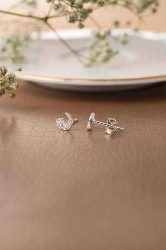 Rhodium-plated star & moon stud cubic zirconia earring