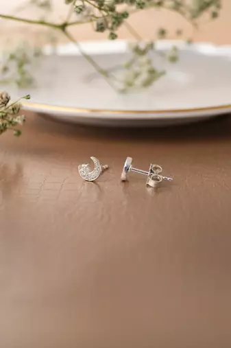 Rhodium-plated star & moon stud cubic zirconia earring