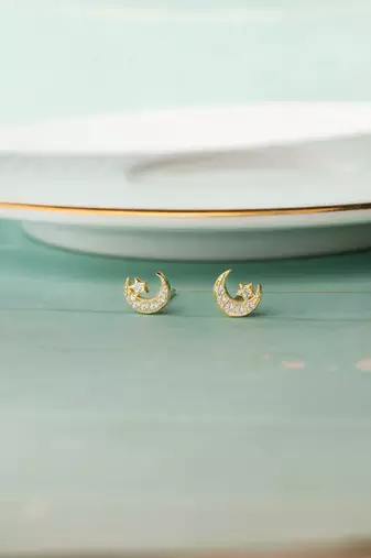 Gold-plated star & moon stud cubic zirconia earring