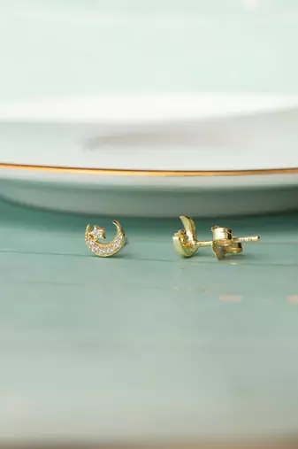 Gold-plated star & moon stud cubic zirconia earring