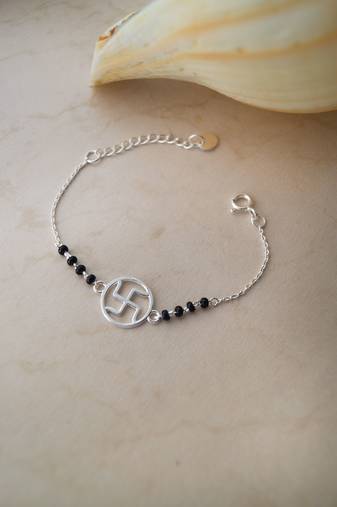 Rhodium-plated swastik black beads nazariya bracelet