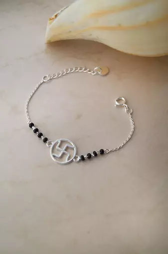 Rhodium-plated swastik black beads nazariya bracelet