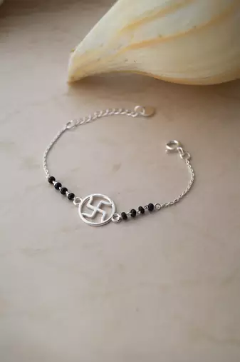 Rhodium-plated swastik black beads nazariya bracelet