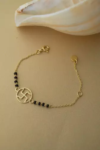 Gold-plated swastik black beads nazariya bracelet