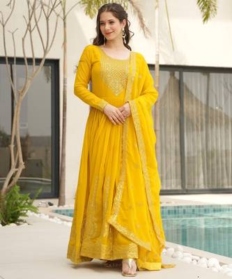 Yellow Faux Blooming Embroidered Gown with Zari   Sequins Work & Matching 2.25m Sequins Dupatta 1