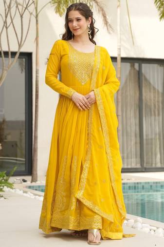 Yellow Faux Blooming Embroidered Gown with Zari   Sequins Work & Matching 2.25m Sequins Dupatta