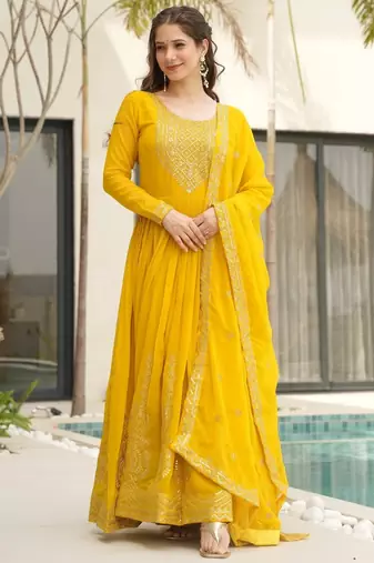 Yellow Faux Blooming Embroidered Gown with Zari   Sequins Work & Matching 2.25m Sequins Dupatta