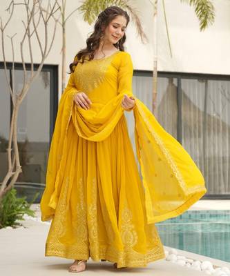 Yellow Faux Blooming Embroidered Gown with Zari   Sequins Work & Matching 2.25m Sequins Dupatta 2