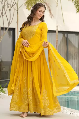 Yellow Faux Blooming Embroidered Gown with Zari   Sequins Work & Matching 2.25m Sequins Dupatta